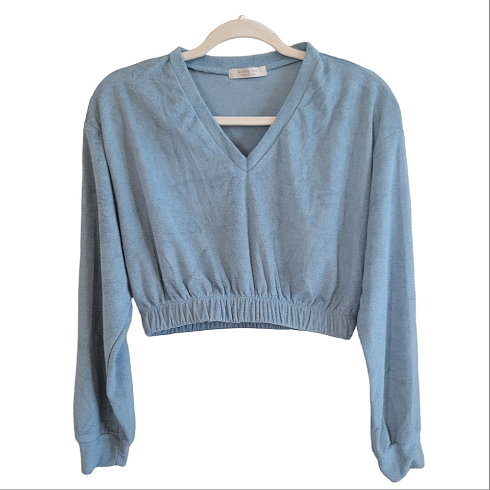 NEW ACTIVE USA Soft Blur Grey Cropped Long Sleeve Sweater w/ Elastic Waistband